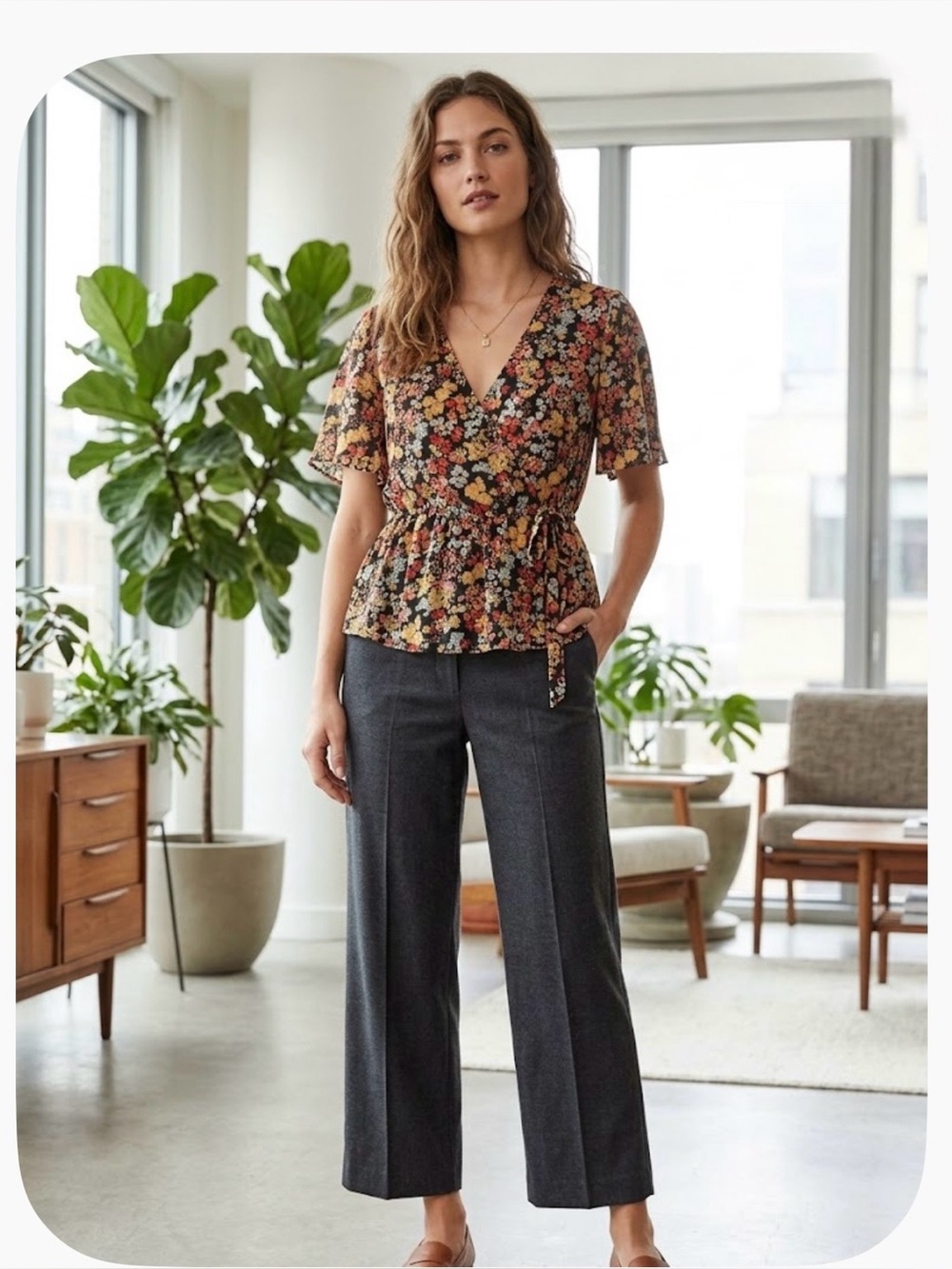 Madewell Floral Wrap Top Blouse Flutter Sleeve Peplum Tie Side Womens Size M EUC